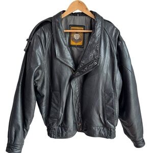 Vintage 90s Genuine Leather Bomber Jacket Mens M Black Moto Classic Full Zip EUC